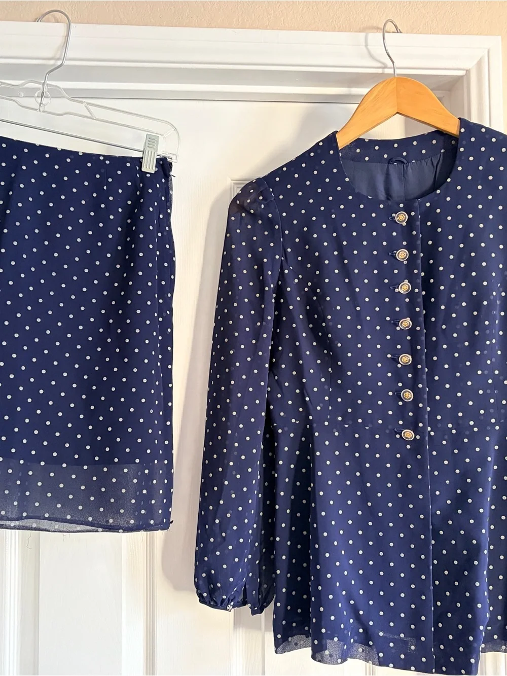 70’s Navy Polka Dot Sheer Peplum Skirt Suit Small Made in Japan